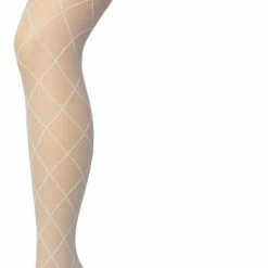 Bonnie Doon Dames Ruiten Panty 30 Denier Off White Maat S/M - Chique Panty - Ruit Dessin - Brede Boord - Comfort - Ruitjes - Diamant - Geruite Print - Rhombus Tights - Feestelijk - Gebroken Wit - Ecru - Crème - Ivory - BP201911.2