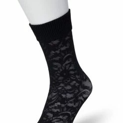Bonnie Doon Dames Sokken Met Kant Maat 36/42 Zwart - Panty Sokjes - Doorschijnende Sokken - Feestelijk - Semi Transparant - Kanten Sokken - Bloem Patroon - Uitstekende Pasvorm - Flower Sock - Black - BP201101