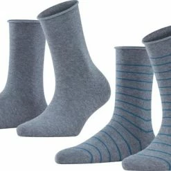 FALKE Happy Stripe 2-Pack Zacht Met Motief Versterkt Hoogwaardig Mid-rise Robuust Ademend Dekkend Set Kort Gestreept Katoen Multipack Grijs Dames Sokken - Maat 39-42