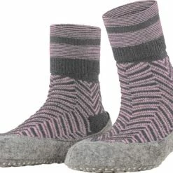FALKE Cosyshoe Herringbone Slofsok Lang Met Patroon Met Anti-slip Noppen Gestreept Maagdelijke Wol Grijs Dames Sokken - Maat 37-38