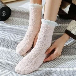 Merkloos Buy Shippo Contrast Trim Fuzzy Socks - Dikke Sokken - Warme Sokken - Winter - Roze/wit