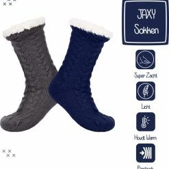 JAXY Huissokken - Huissokken Dames En Heren - Verwarmde Sokken - Anti Slip Sokken - Fleece Sokken - Dikke Sokken - Fluffy Sokken - Slofsokken - Warme Sokken - Bedsokken - Gevoerde Sokken - Winter Sokken - 2 Paar - Grijs + Blauw -Beenmode Winkel 550x562 1