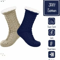 JAXY Huissokken - Huissokken Dames En Heren - Verwarmde Sokken - Anti Slip Sokken - Fleece Sokken - Dikke Sokken - Fluffy Sokken - Slofsokken - Warme Sokken - Bedsokken - Gevoerde Sokken - Winter Sokken - 2 Paar - Beige + Blauw -Beenmode Winkel 550x565 3