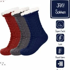 JAXY Huissokken - Huissokken Dames En Heren - Verwarmde Sokken - Anti Slip Sokken - Fleece Sokken - Dikke Sokken - Fluffy Sokken - Slofsokken - Warme Sokken - Bedsokken - Gevoerde Sokken - Winter Sokken - 3 Paar - Blauw, Grijs En Rood -Beenmode Winkel 550x570 3