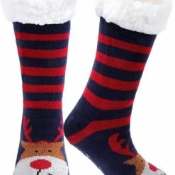 JAXY - Huissokken Dames - Verwarmde Sokken - Anti Slip Sokken - Huissokken - Bedsokken - Warme Sokken - Kerstcadeau Voor Vrouwen - Thermosokken - Dikke Sokken - Fluffy Sokken - Kerstsokken Dames En Heren - Rudolf Gestreept